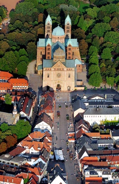 Frontal aerial view of the cathedral