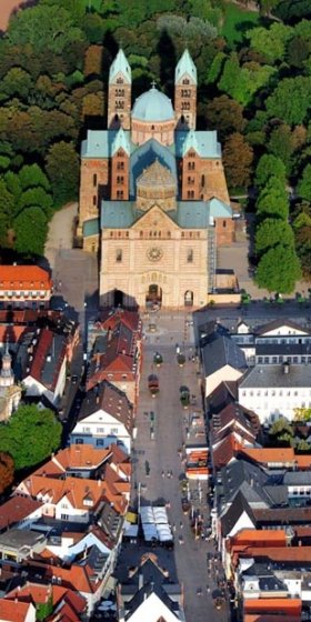 Frontal aerial view of the cathedral