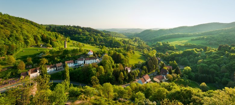 Blick von der Ruine Falkenstein auf dem Pfälzer Höhenweg