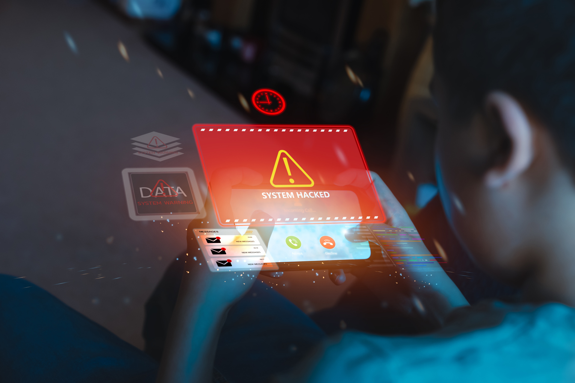 Cybersecurity warning concept with child holding smartphone showing system hacked alert. Digital data breach, online security risk, hacking, and cyber crime threat in modern technology