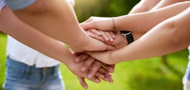 Hand stack, family and parents with kids outdoor for team building, support and vacation celebration. People, palm and circle with game agreement, partnership and summer community for nature bonding