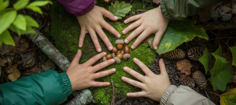 Children's hands exploring nature with acorns on forest floor covered in moss and leaves