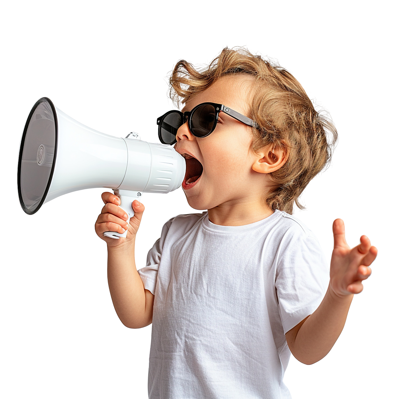 A young boy is holding a megaphone and wearing sunglasses. Concept of fun and playfulness A young boy is holding a megaphone and wearing sunglasses. Concept of fun and playfulness