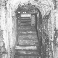 Blick vom unteren Treppenabsatz hoch zum Eingang der Mikwe, aufgenommen vermutlich in den 1930er Jahren.