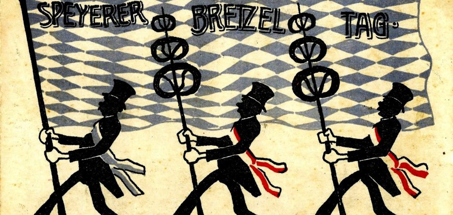 Offizielle „Festpostkarte“ zum 1. Brezelfest 1910, das anfangs als „Bretzeltag“ gefeiert wurde – ein Entwurf des deutschen Grafikers Hans Jäger.