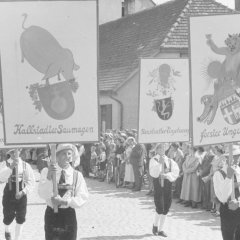Verschiedene Berufsgruppen und Vereine präsentierten sich beim Festumzug des Brezelfests – 1936 sind es u. a. die Pfälzer Winzer. Ab 1934 wird das Brezelfest von den Nationalsozialisten für Propagandazwecke missbraucht, indem u. a. an vielen Stellen Hakenkreuzfahnen zum Einsatz kommen.