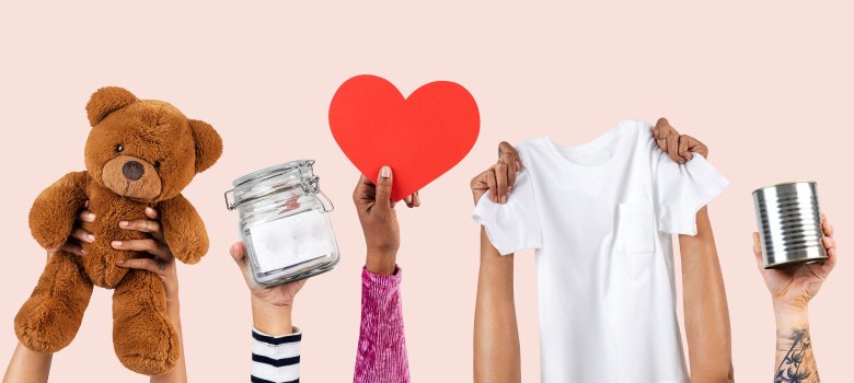 Hands presenting charity for essentials donation campaign