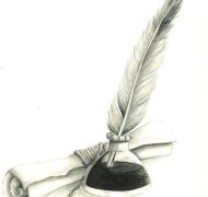 Federkiel und Tintenfass, Zeichnung