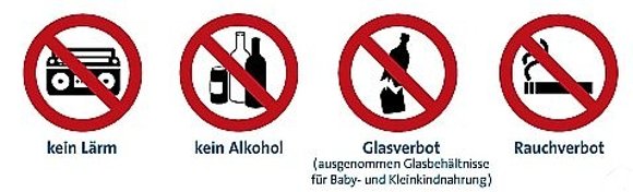 Icons Verbotsschilder: kein Lärm, kein Alkohol, keine Glasflaschen, Rauchverbot