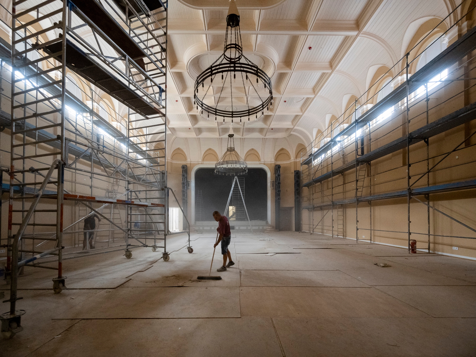 Blick in den Großen Saal im Obergeschoss während des letzten Bauabschnitts, August 2020