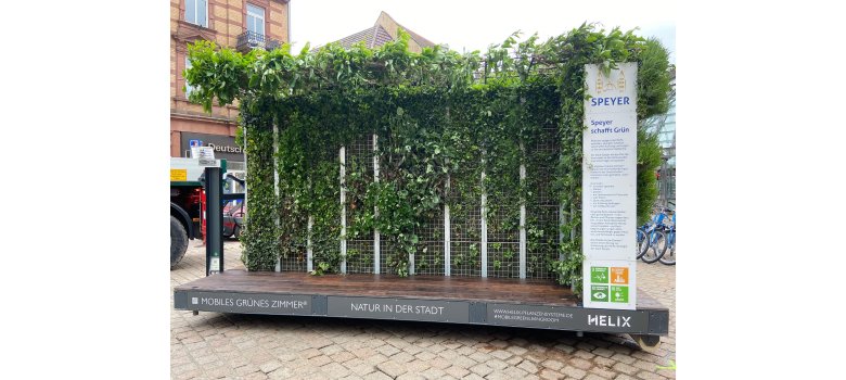 eine mobile, mit Grünpflanzen bepflanzte Veranstaltungsfläche