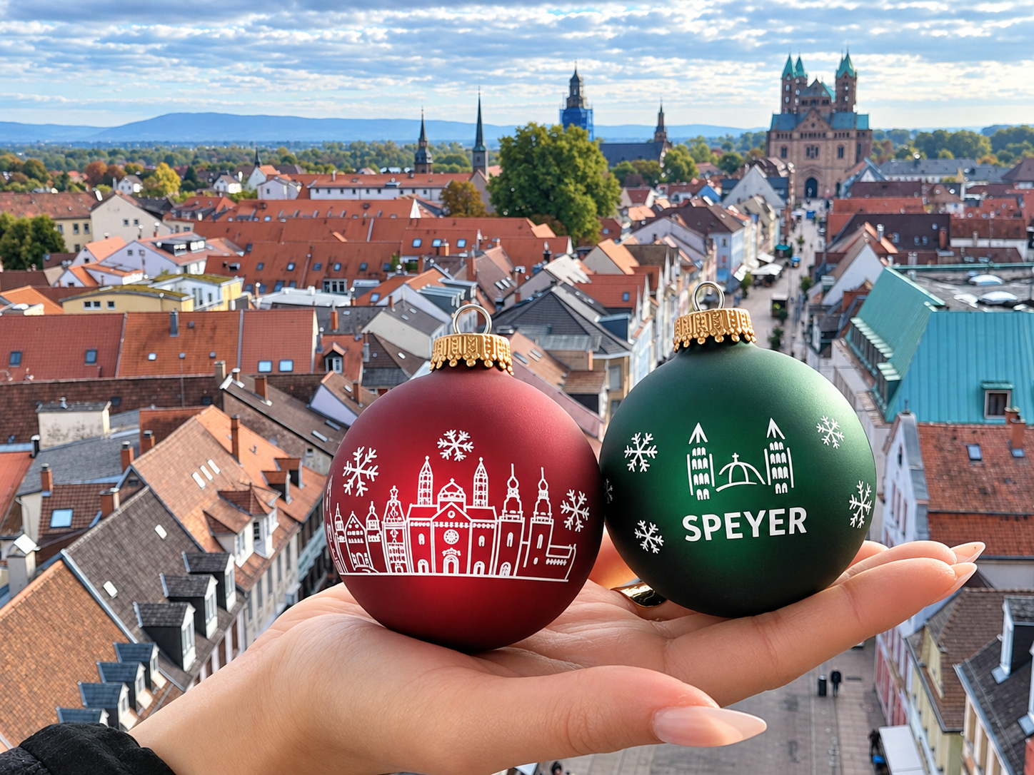 Weihnachtskugeln vor dem Stadtpanorama