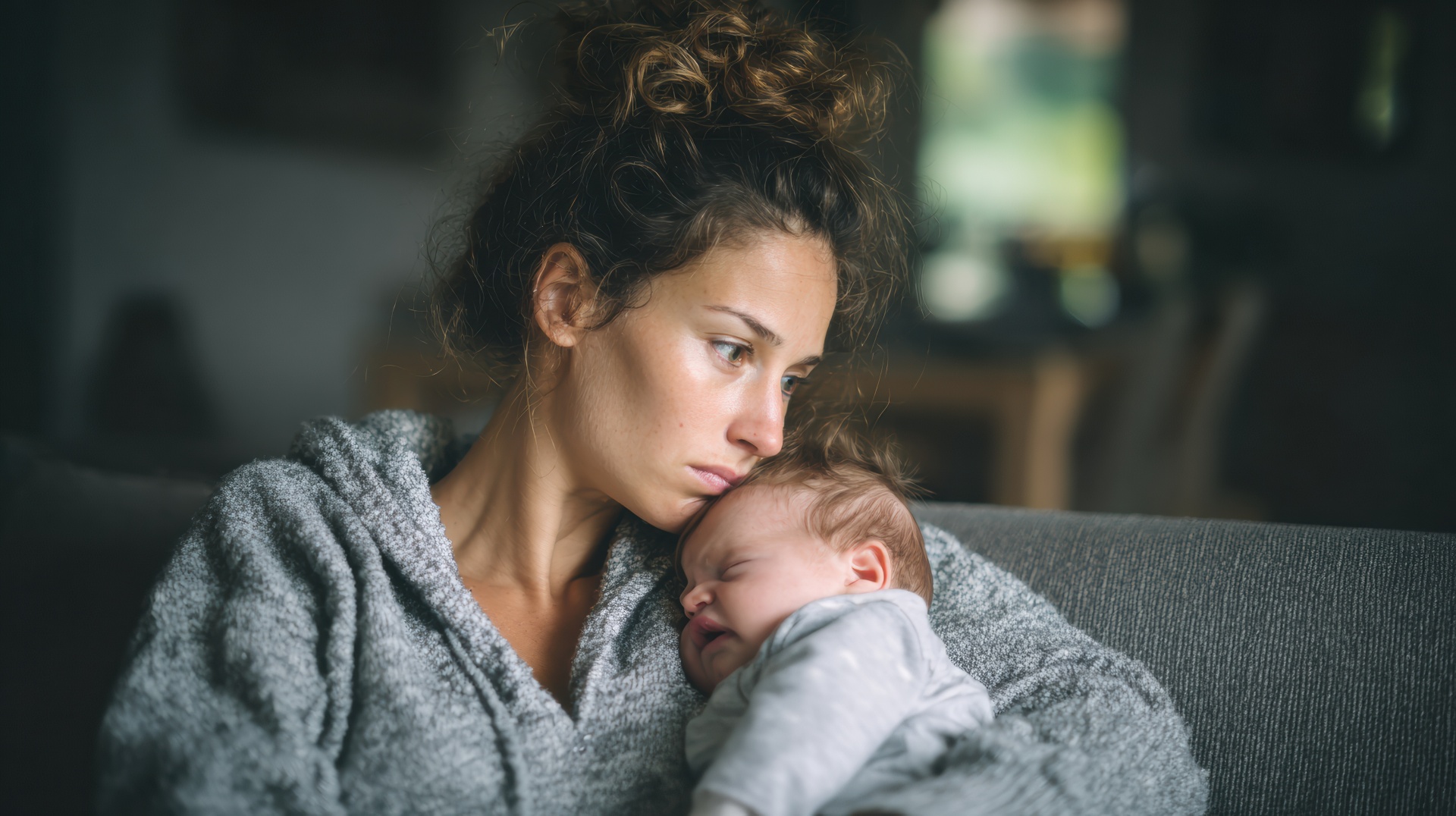 Close-up of a stressed young mother holding her sleeping newborn baby on a sofa in a dark, intimate setting.