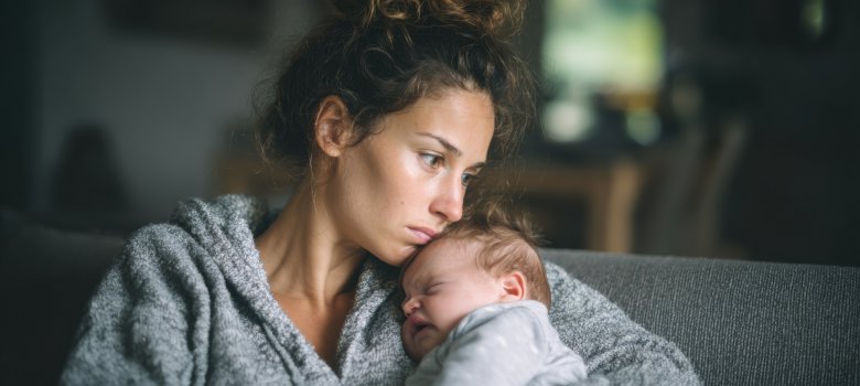 Close-up of a stressed young mother holding her sleeping newborn baby on a sofa in a dark, intimate setting. Close-up of a stressed young mother holding her sleeping newborn baby on a sofa in a dark, intimate setting.