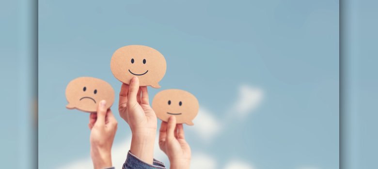 Customer showing rating with happy icon on sky background, Custo