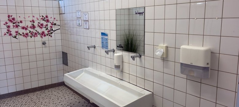 Heller, sauberer Waschbereich einer Schultoilette mit einem langen Waschbecken, drei Wasserhähnen, Spiegel, Seifen- und Papierhandtuchspendern. Weiße Fliesen, ein Fenster sowie ein rosa Blütenwandmotiv sorgen für eine freundliche Atmosphäre.