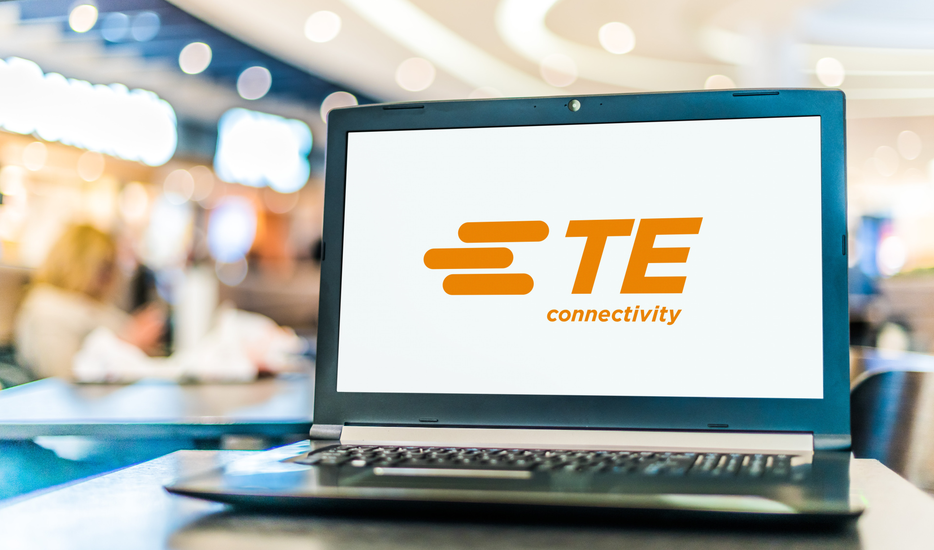 Laptop computer displaying logo of TE Connectivity