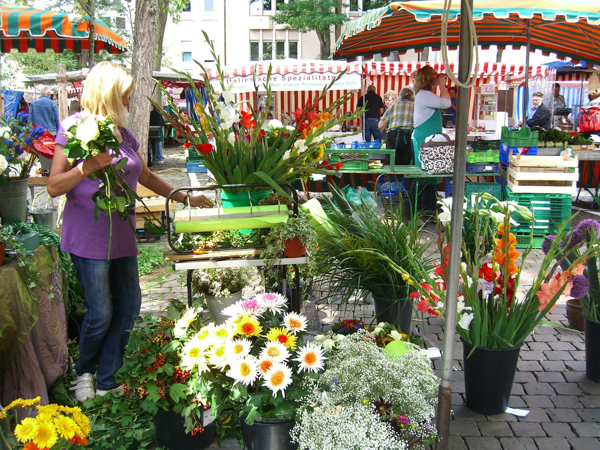 Bunter Wochenmarkt auf dem Königsplatz Speyer mit Blumenständen und Obst- und Gemüseständen auf einem von Bäumen gesäumten Platz. Im Vordergrund steht eine Frau mit einem Blumenstrauß.