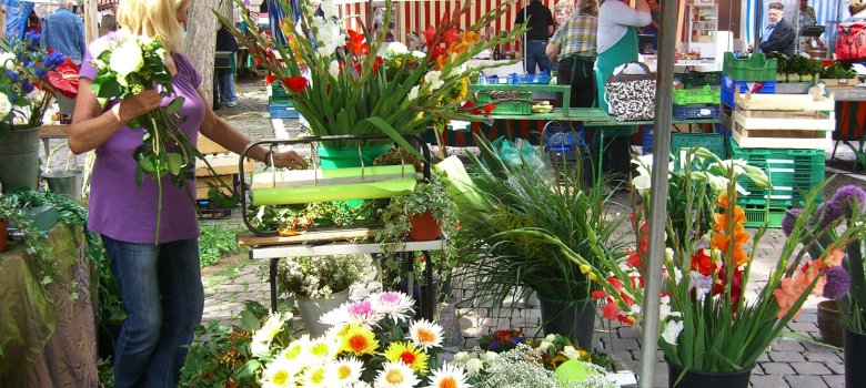 Bunter Wochenmarkt auf dem Königsplatz Speyer mit Blumenständen und Obst- und Gemüseständen auf einem von Bäumen gesäumten Platz. Im Vordergrund steht eine Frau mit einem Blumenstrauß.