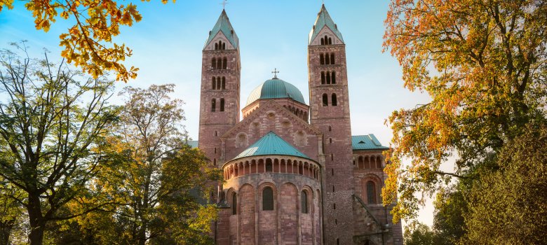 Der Dom in Speyer, weltbekannte Kathedrale, die Ostseite mit Park im Herbst, umrahmt von Bäumen